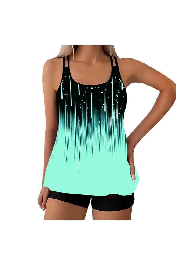 Women Two Piece Tankini Swimsuit Tummy Control Plus Size Long Torso Top and High Waisted Boyshorts Bathing Suits