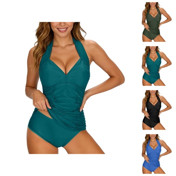 Tankini Swimsuits for Women 2 Piece Halter V Neck Tankini Top High Waisted Swim Bottom Bathing Suit Swimwear
