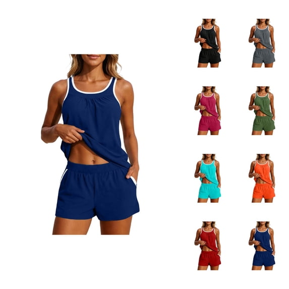 Tankini Swimsuits for Women 2 Piece Scoop Neck Blouson Tank Tops with Boyshorts Modest Bathing Suits Swimwear