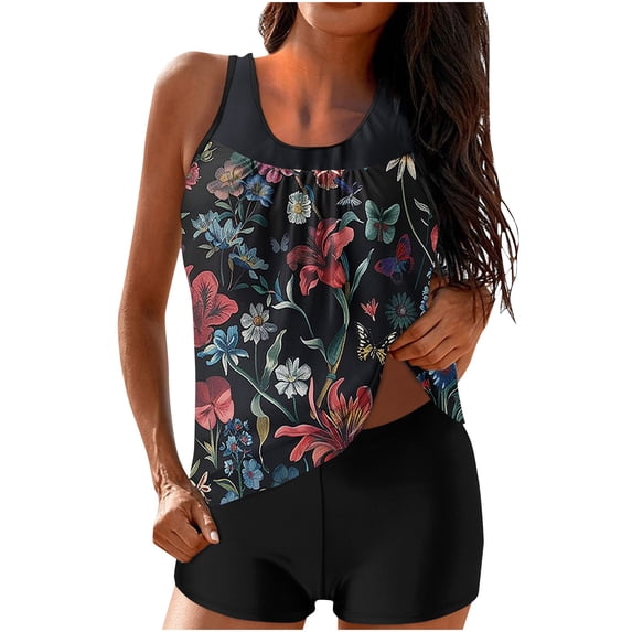 Tankini Swimsuits for Women 2026, Two Piece Tummy Control Bathing Suit, Floral Flowy Swim Tops with Short Swimwear