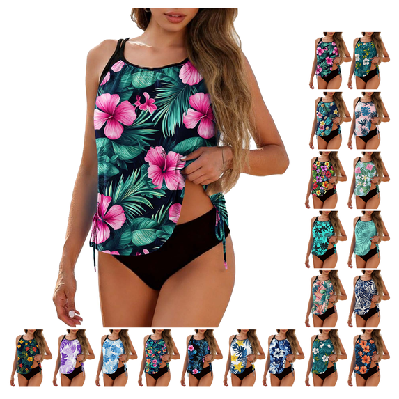 Tankini Swimsuits for Women Bathing Suits Printed Pullover Tops Tummy Control Drawstring Split Two Piece Swimwear Set Under 10$