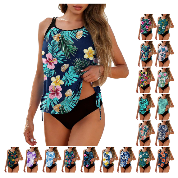 Tankini Swimsuits for Women Bathing Suits Printed Pullover Tops Tummy Control Drawstring Split Two Piece Swimwear Set Under 10$