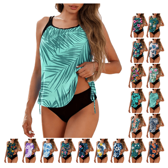 Tankini Swimsuits for Women Bathing Suits Printed Pullover Tops Tummy Control Drawstring Split Two Piece Swimwear Set Under 10$
