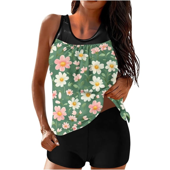 Tankini Swimsuits for Women Built-in Bra V Neck Floral Print 2 Piece Bathing Suits with Boyshorts Tummy Control Modest Swimwear Flowy Top