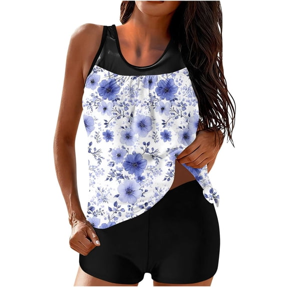 Tankini Swimsuits for Women Built-in Bra V Neck Floral Print 2 Piece Bathing Suits with Boyshorts Tummy Control Modest Swimwear Flowy Top