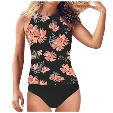Black Swimsuit Women's Tankini High Waist High Neck Halter Tummy Control Two Piece Swimsuit