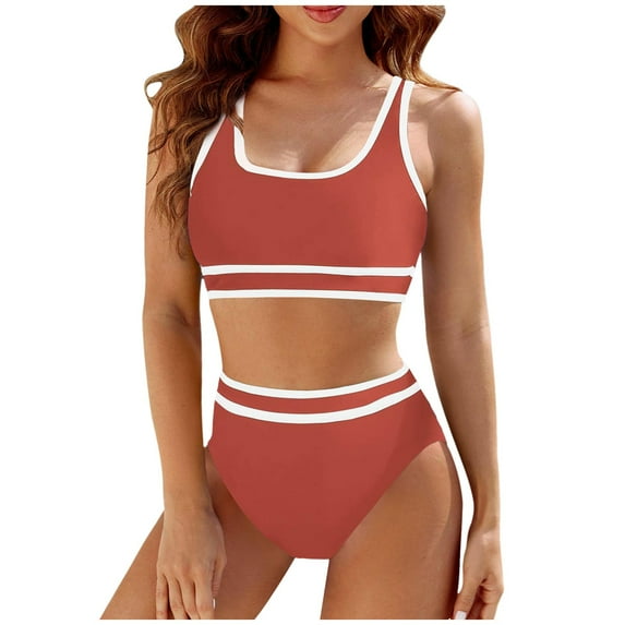 Tankini Swimsuits for Women High Waisted Bikini Sets Sporty 2Pcs Swimsuit Color Block High Cut Bathing Suits RD2 XL