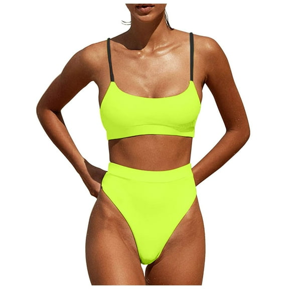 Tankini Swimsuits for Women High Waisted Swimsuits Bottom Padded Bathing Suits Bikini Sets Top 2Pcs Swimwear Yellow L