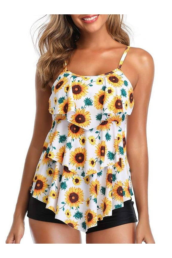 Tankini Swimsuits for Women Layered Ruffle Flounce Tankini Top with Boyshorts Two Piece Bathing Suits