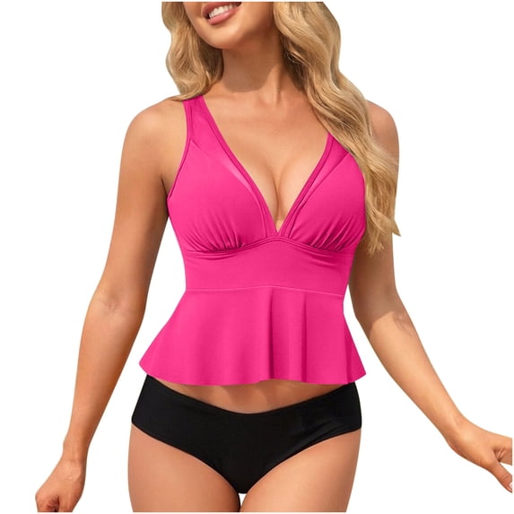Tankini Swimsuits for Women, Mesh V-Neck Ruffle Bikini Tops and Bottoms Two Piece Bathing Suit with Pads Swimwear