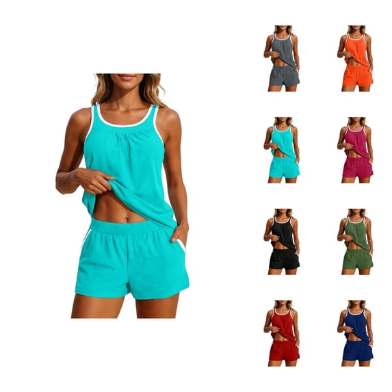 Tankini Swimsuits for Women Modest Blouson Tank Top Swim Shorts with Pockets Two Piece Swimsuit Bathing Suit