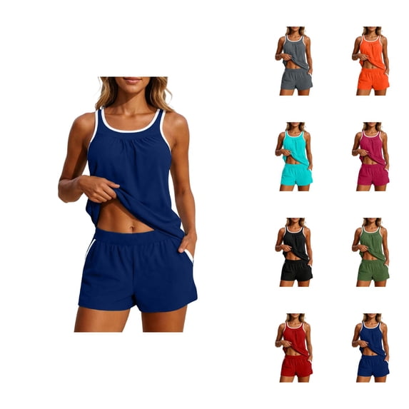 Tankini Swimsuits for Women Modest Blouson Tank Top Swim Shorts with Pockets Two Piece Swimsuit Bathing Suit