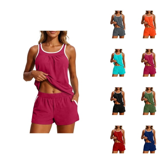 Tankini Swimsuits for Women Modest Blouson Tank Top Swim Shorts with Pockets Two Piece Swimsuit Bathing Suit