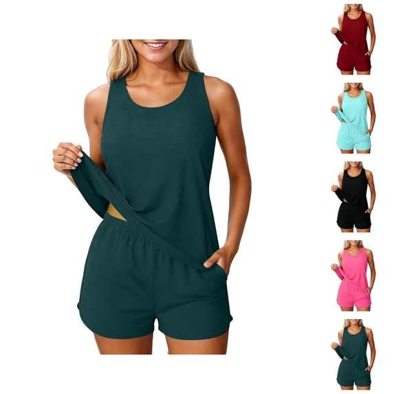 Tankini Swimsuits for Women Modest Scoop Neck Swim Tank Top High Waisted Swim Shorts with Pockets Two Piece Swimsuit