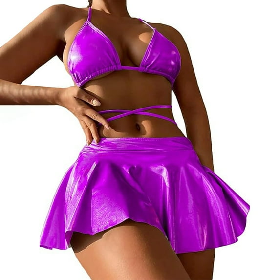 Tankini Swimsuits for Women Pu Leather Glitter Lacquer Bikini 2Pcs Set Swimsuit Fashion Swimwear Purple S