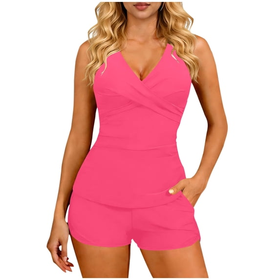 Tankini Swimsuits for Women Push Up Halter Crisscross Tank Top with Sporty Pockets Boyshort Tummy Control Bathing Suit