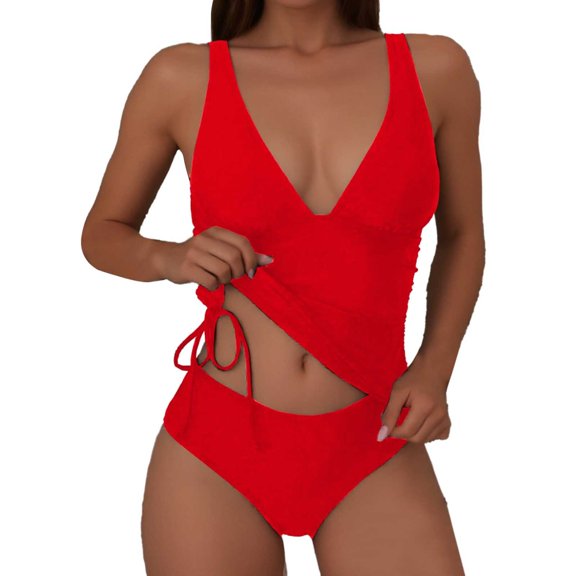 Tankini Swimsuits for Women Solid Color Drawstring Side Tank Top and Brief Fashion Tankini Swimwear 2Pcs Set Red S