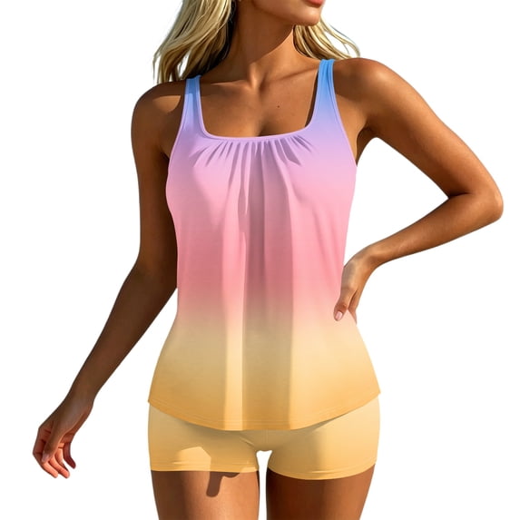 Tankini Swimsuits for Women Summer Gradient Tummy Control Two Piece Bathing Suits Tank Tops with Swim Shorts Swimwear, L