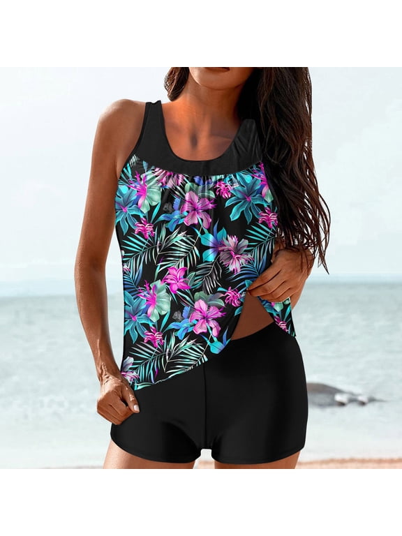 Tankini Swimsuits for Women Tankini Bathing Suit Vintage 2 Piece Tummy Control Tankini Top with Swim Skirt Push up Swimwear