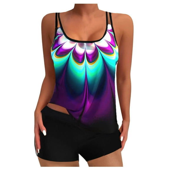 Tankini Swimsuits for Women Tummy Control Summer Floral Print Flowy Swimwear Two Piece Bathing Tank Top with Boyshorts