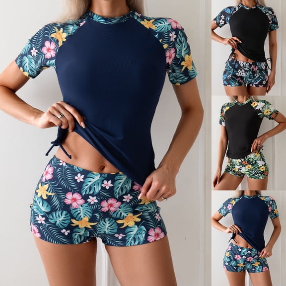 Tankini Swimsuits for Women Two Piece High Waist Swim Shorts Tankini Top Short Sleeve Rash Guard Surfing Casual Womens Swimwear Green XXL