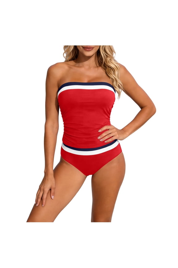 Tankini Swimsuits for Women Two Piece Strapless Bandeau Bathing Suits Tops Full Coverage Modest Swim Suits (with Detachable Shoulder Straps) Red