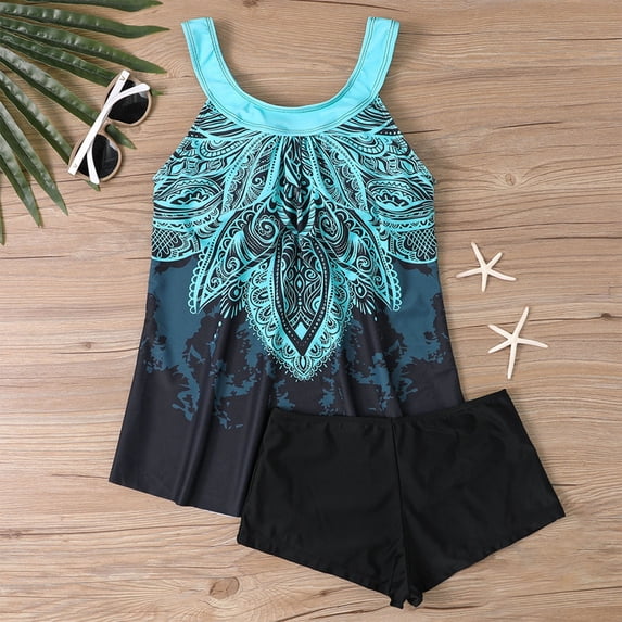 Tankini Swimsuits for Women Two Piece Tummy Control Bathing Suits,Trendy Print Swim Tank Tops with Boy Shorts Blue L