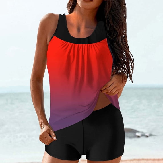 Tankini Swimsuits for Women with Shorts Loose Fitting Solid Gradient Athletic 2 Piece Modest Bathing Suits Tummy Control Beach Outfits Red L