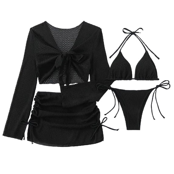 Tankini Tops for Women Swimwear Womens Bikini Swimsuit with Crochet Coverups 4 Piece Bathing Suit Long Sleeve Tie Front Cropped Top Mini Skirt Swimwear Outfits Black XL