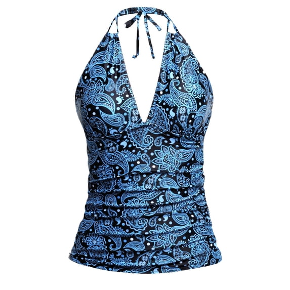 Tankini Tops for Women Bathing Suit Top V Neck Halter Twist Front Swim Top Only Ruched Tummy Control Swimsuits No Bottom Blue L