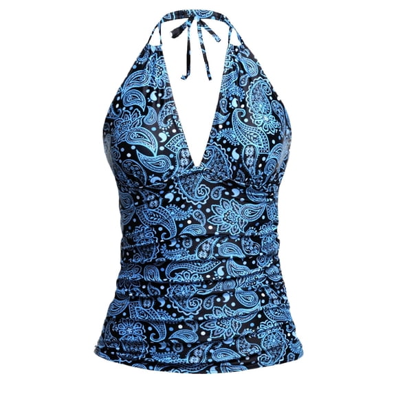 Tankini Tops for Women Bathing Suit Top V Neck Halter Twist Front Swim Top Only Ruched Tummy Control Swimsuits No Bottom Blue L