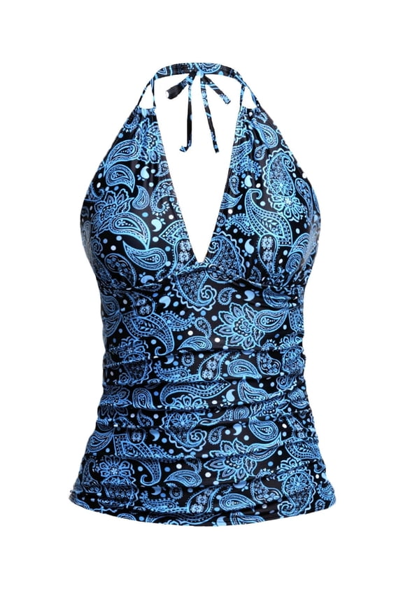 Tankini Tops for Women Bathing Suit Top V Neck Halter Twist Front Swim Top Only Ruched Tummy Control Swimsuits No Bottom Blue L