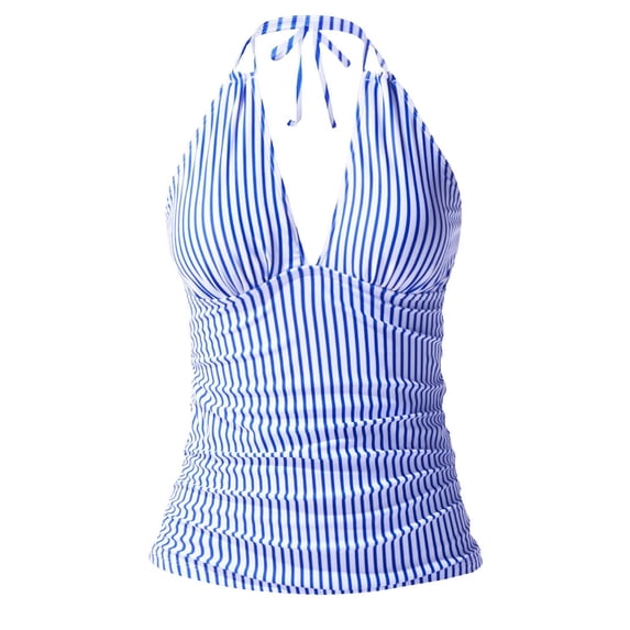 Tankini Tops for Women Halter V Neck Full Coverage Bathing Suit Summer Beach Bikini Swimwear Tops No Bottoms Blue L