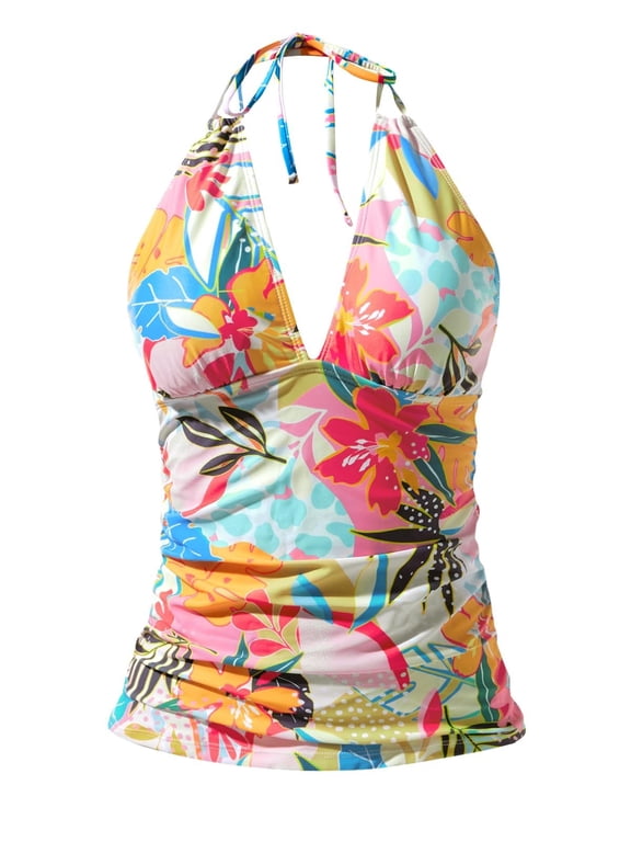 Tankini Tops for Women Plus Size Neck High Waisted Swimwear Two Piece Bathing Swimsuit Tops XL