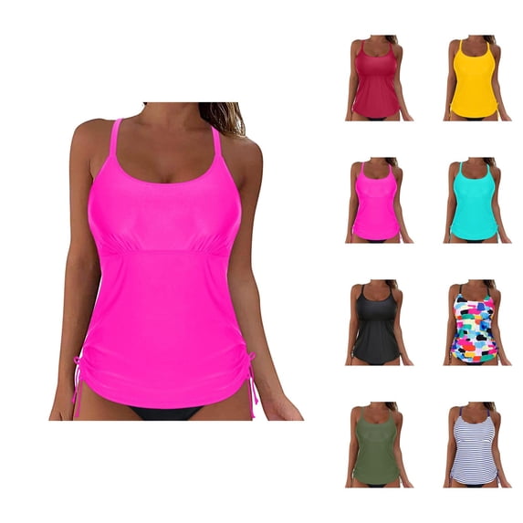Tankini Tops for Women Scoop Neck Full Coverage Ruched Swim Tank Top with Removable Pads Bathing Suits Top Swimwear