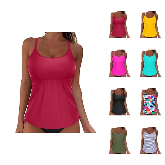 Tankini Tops for Women Scoop Neck Full Coverage Ruched Swim Tank Top with Removable Pads Bathing Suits Top Swimwear