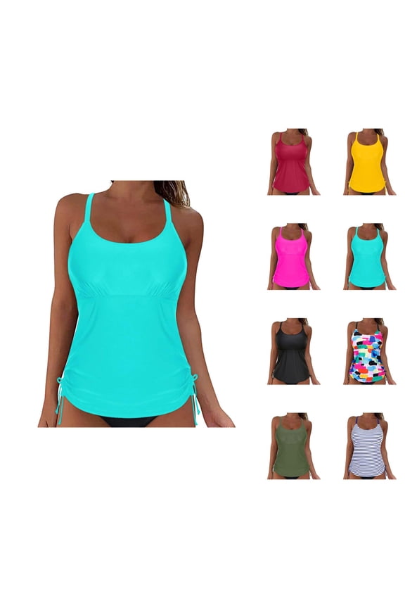 Tankini Tops for Women Scoop Neck Full Coverage Ruched Swim Tank Top with Removable Pads Bathing Suits Top Swimwear