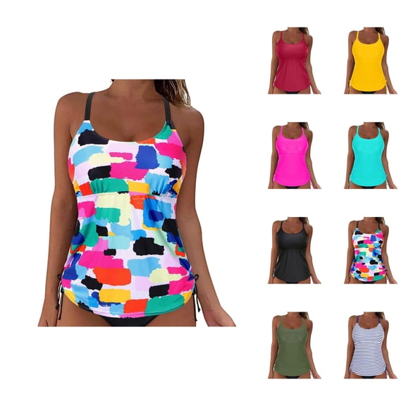 Tankini Tops for Women Scoop Neck Full Coverage Ruched Swim Tank Top with Removable Pads Bathing Suits Top Swimwear