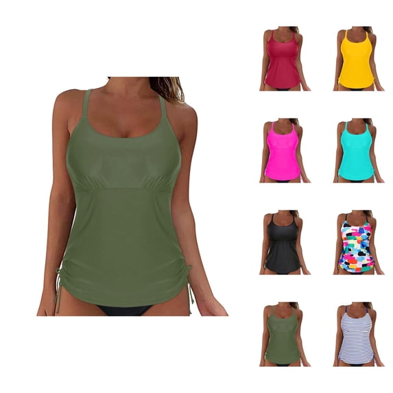 Tankini Tops for Women Scoop Neck Full Coverage Ruched Swim Tank Top with Removable Pads Bathing Suits Top Swimwear