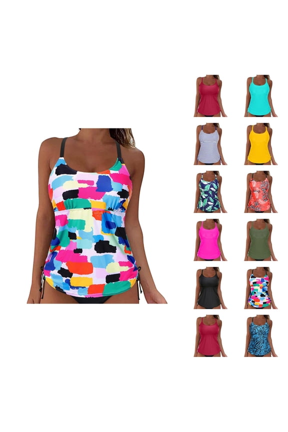 Tankini Tops for Women Scoop Neck Strappy Ruched Tummy Control Modest Swim Tank Top Bathing Suit Tops Swimwear