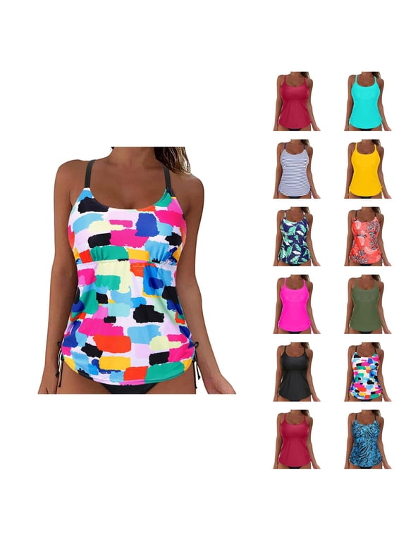Tankini Tops for Women Scoop Neck Strappy Ruched Tummy Control Modest Swim Tank Top Bathing Suit Tops Swimwear