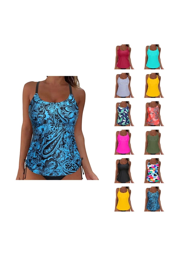 Tankini Tops for Women Scoop Neck Strappy Ruched Tummy Control Modest Swim Tank Top Bathing Suit Tops Swimwear
