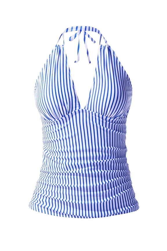 Tankini Tops for Women Swimwear Top Only V Neck Tummy Control Bathing Suit Tops Summer Beach Bikini Halter Tops Blue L
