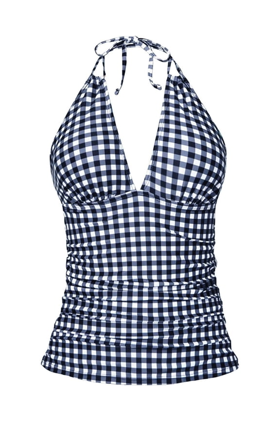 Tankini Tops for Women Top V Neck Halter Twist Front Swim Top Only Ruched Tummy Control Bathing Suit No Bottom Dark Blue M