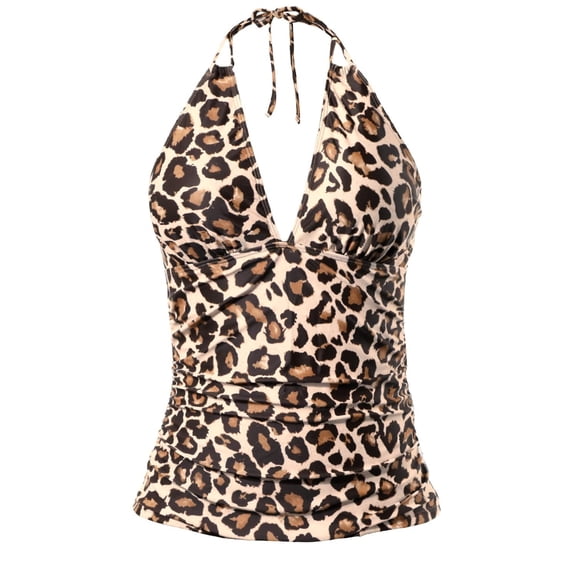 Tankini Tops for Women Top V Neck Halter Twist Front Swim Top Only Ruched Tummy Control Bathing Suit No Bottom Khaki L
