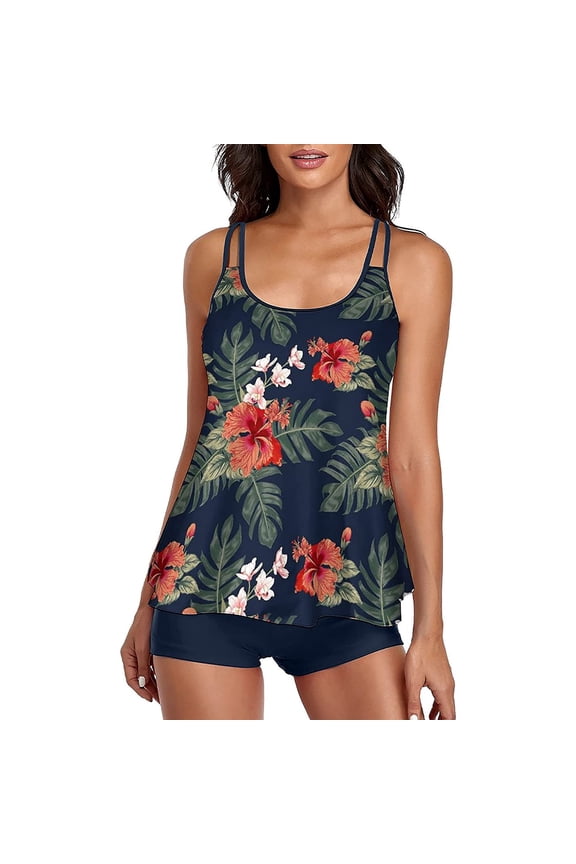 Tankini with Boy Shorts Swimsuits for Women Vintage Boho Print Bathing Suits Plus Size Summer Two Piece Swimwear
