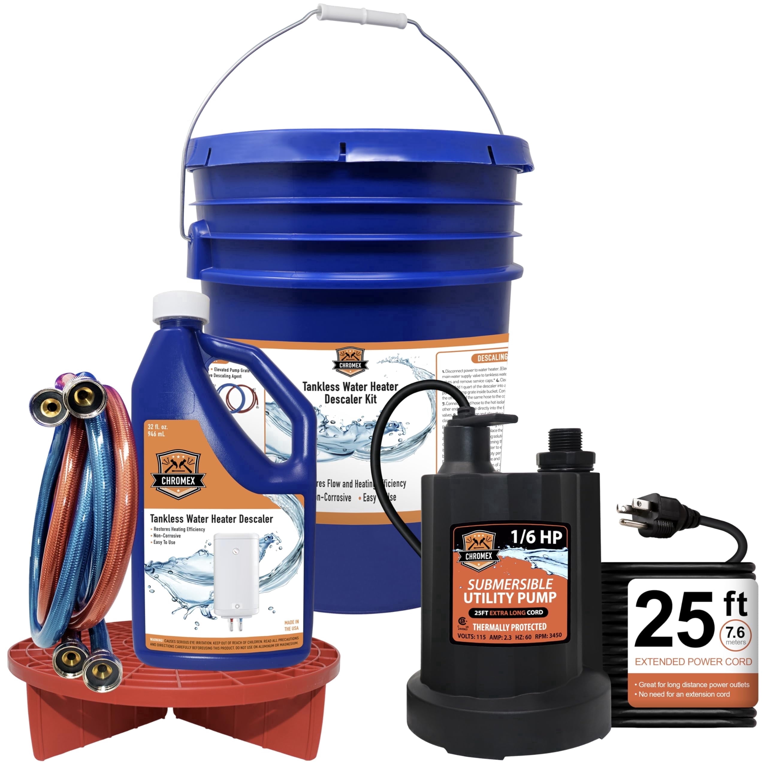 Tankless Water Heater Flush Kit with Descaling Solution, 1/6 HP Pump, 25 ft Power Cord