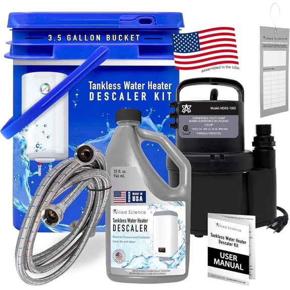 Allied Science Tankless Water Heater Flushing Kit, 1/6 HP Pump, 3.5 gal Bucket, Descaler and Hoses