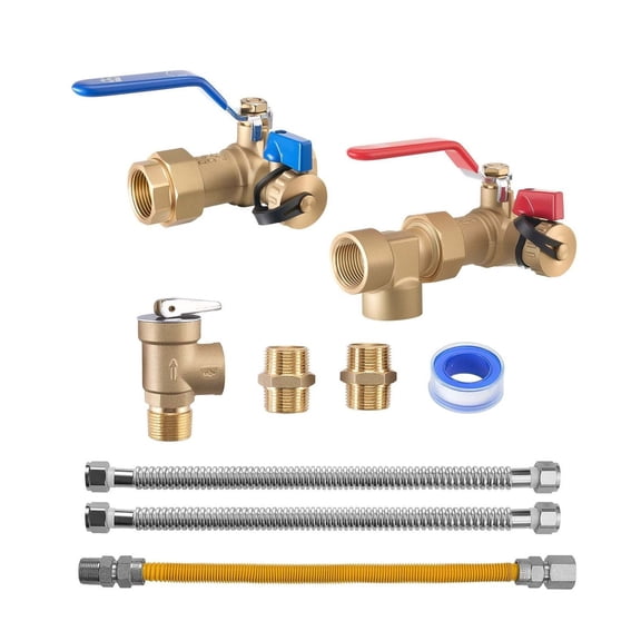 Tankless Water Heater Kit 3/4 Inch - Isolation Valve Kit with Relief Valve & Gas Hose Hot/Cold Isolation Valve+Pressure Relief Valve+Hose Assembly 3/4 inch FNPT x 3/4 inch FNPT