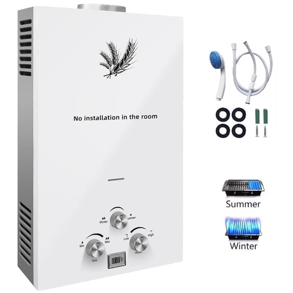 Tankless Water Heater LPG Propane with Digital Display, 4.3GPM 16L Portable Instant Hot Gas Water Heater for Indoor and Camping(White)